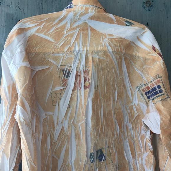 Italian tie-dye crinkle shirt - maize & white w/blue, green, terra cotta print - Picture 8 of 16